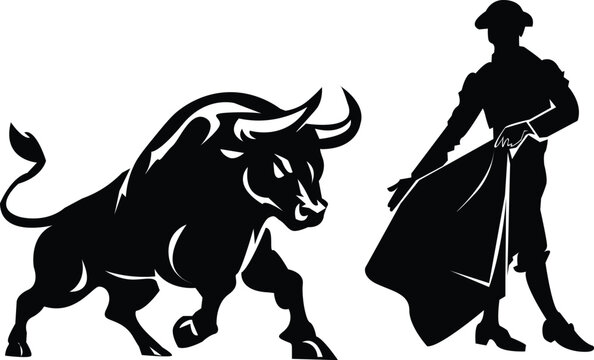 Black and white vector illustration of a Spanish matador facing an aggressive charging bull in a bullfight