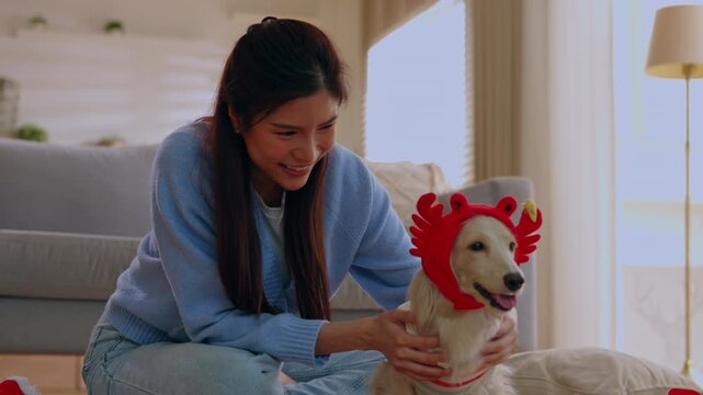 Smiling woman dressing dog in red crab costume for playful pet care at home, cozy living room scene near couch and window with happy indoor companion