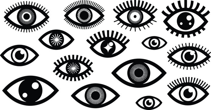 Mystical Third Eye Vector Collection Featuring Geometric Evil Eye Talismans and Abstract Magic Eyelash Symbols for Esoteric Graphic Designs