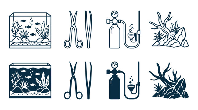 Aquarium maintenance and fish tank equipment line art icons set with aquarium maintenance scissors tweezers supplies