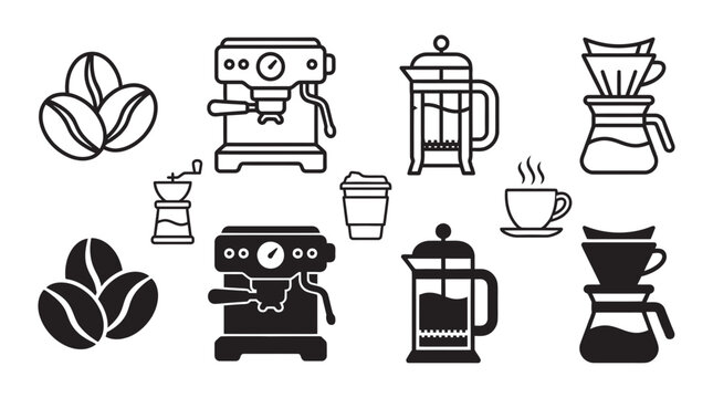 Coffee preparation icons featuring espresso machine french press drip maker and beans espresso caffeine beverage