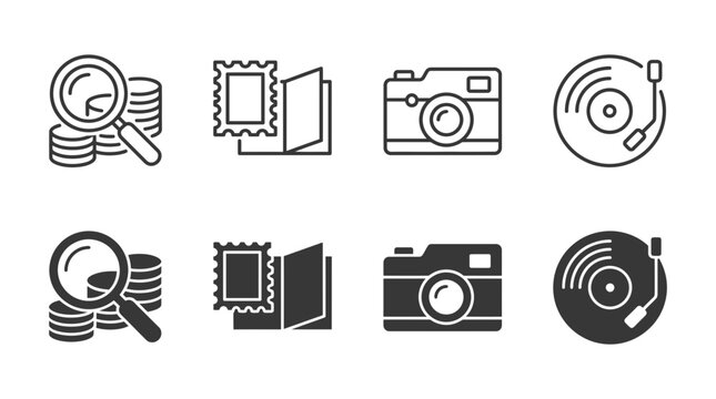 Collection of lifestyle and photography hobby icons with vintage cameras and vinyl records magnifier photography