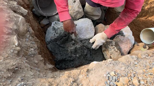 Construction worker placing large stones for a retaining wall foundation during infrastructure development.