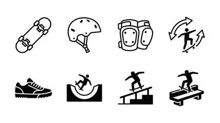 Fototapeta premium Skateboarding icons set including board helmet pads ramp stairs railing and skater performing tricks with skateboarding