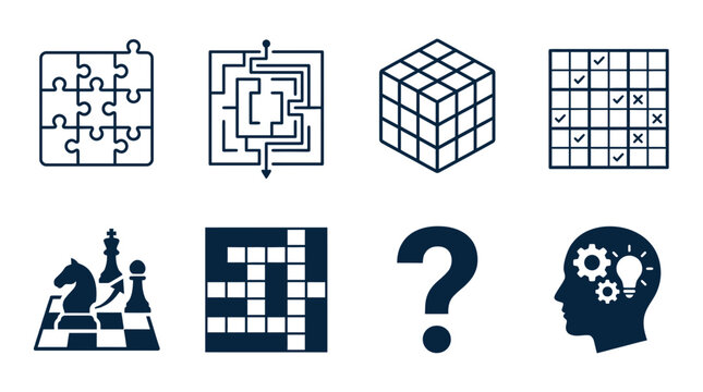 Set of brain game and logic puzzle vector icons in solid and line styles with strategy intellect knowledge question