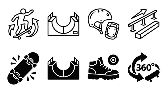 Skateboarding trick icons featuring board helmet protective pads half pipe and rail grind set skateboarding activity