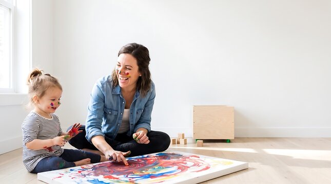 Mother and Toddler Daughter Finger Painting on Canvas