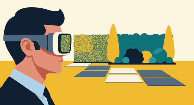 Man wearing virtual reality headset for digital simulation in flat style