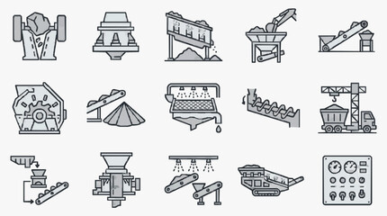 Dynamic Illustrated Collection of Grayscale Industrial Machinery and Equipment Process Flow with high quality professional line art symbols for modern creative design and digital branding projects © Windi