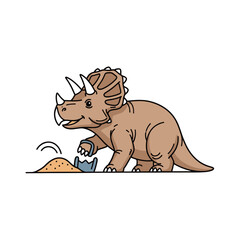 Brown triceratops dinosaur playing in sand with shovel. © Bromen