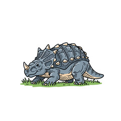 Grey armored dinosaur standing on green grass. © Bromen