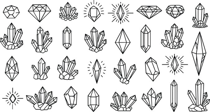 Hand drawn crystal gemstone icon collection with geometric mineral outlines, outline vector illustration set