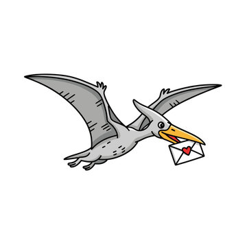 Grey pterodactyl flying with a love letter envelope.