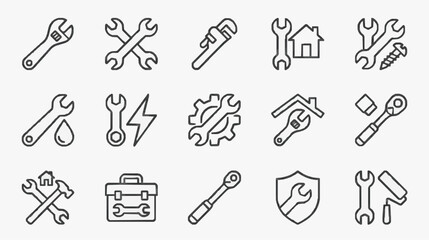 Obraz premium Creative Black and White Line Icons Set of Various Tools and Maintenance Symbols for Design Projects