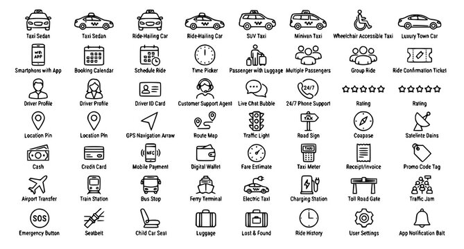 Taxi Ride Hailing Editable Line Icon Collection Transportation Vector Set