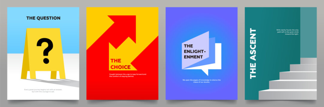 Four panel minimalist vector series depicting the philosophical sequence of human growth from curiosity to ascension.