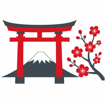 Japanese red torii gate with mount fuji peak and blooming cherry blossoms vector design.
