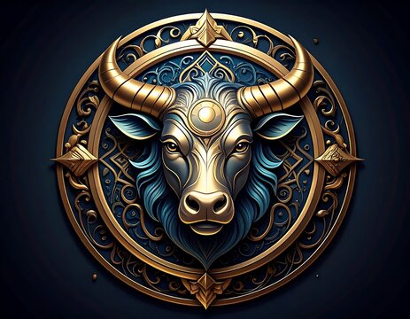 Ornate Golden Bull Head Emblem Centered in Decorative Circular Mandala