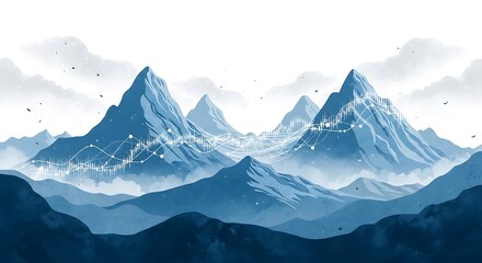 Serene, stylized mountain range depicted with blue tones and a connecting data graph © Albert