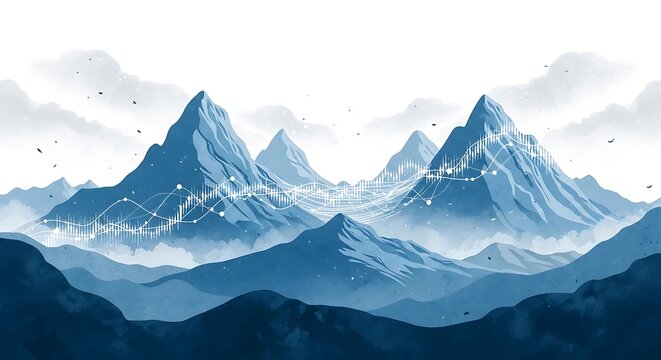Serene, stylized mountain range depicted with blue tones and a connecting data graph
