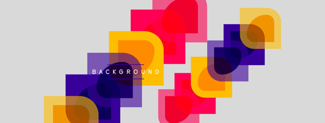 Fototapeta premium Abstract geometric shapes overlap, creating vibrant colorful background. Rectangles, squares, circles blend seamlessly. Modern design elements present.