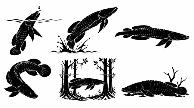 Arapaima Fish Silhouette Set, Black Ink Style Illustration