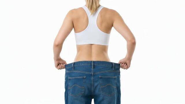 A smiling Caucasian woman pulls at the back of her jeans, which have become too big as a result of her diet.