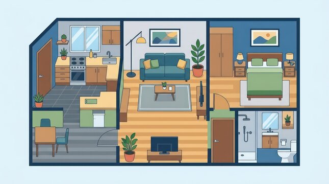 Detailed cross section illustration of a modern apartment interior with multiple rooms.