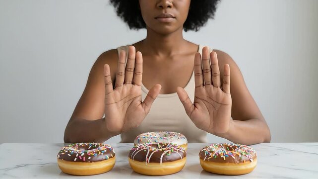 A woman uses both hands to shield a donut from the table, symbolizing dieting and restricting food intake.