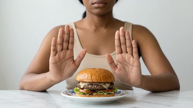 A woman on a diet makes a gesture of rejection with both hands, refusing the large hamburger in front of her.