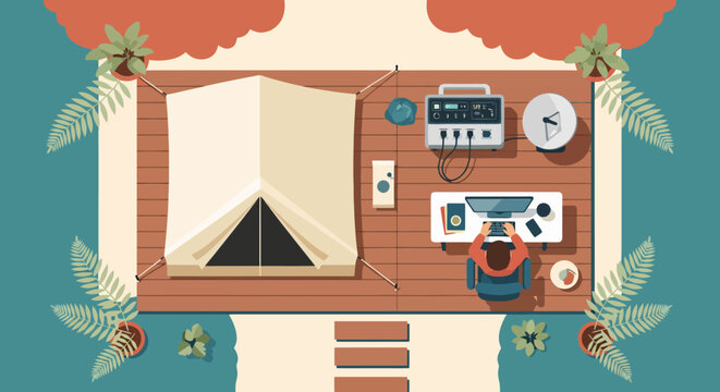 Top-down minimalist illustration of a luxury glamping tent on a wooden deck by water.