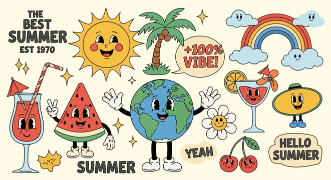 Vector collection of retro-style design elements including vintage icons, classic typography motifs, nostalgic mid-century illustrations, and colorful graphic assets for creative projects.