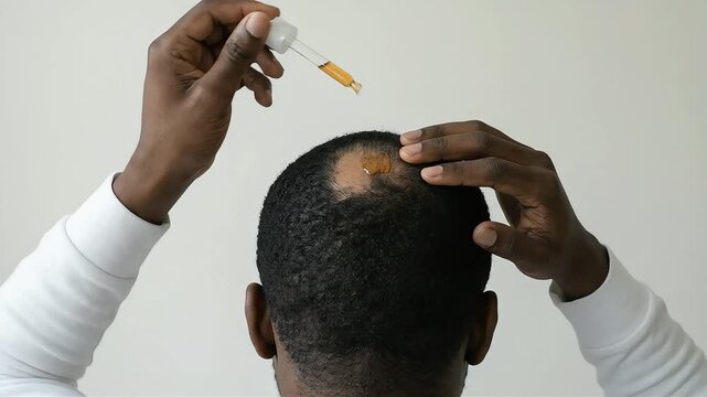 A Black man's back view as he uses a dropper to apply hair growth tonic or serum to the thinning hair on the top of his head.