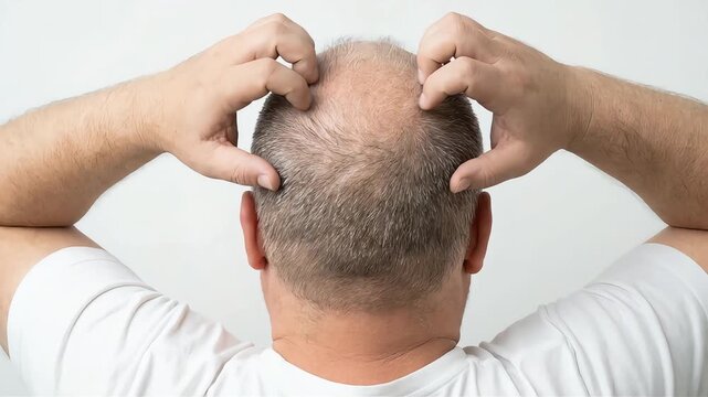 A man's back view, deeply troubled as he touches the thinning hair and baldness progressing at the back and top of his head with both hands.