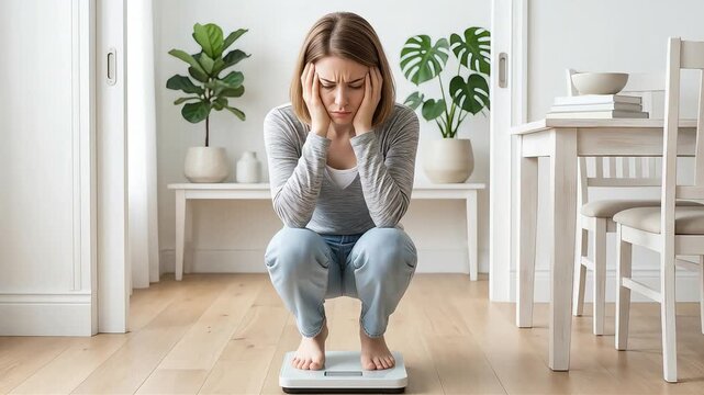 A white woman steps on a scale in her living room at home and is shocked and dismayed by the unexpectedly high reading.