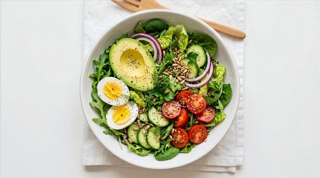 Healthy salad bowl with avocado, eggs, and fresh vegetables.