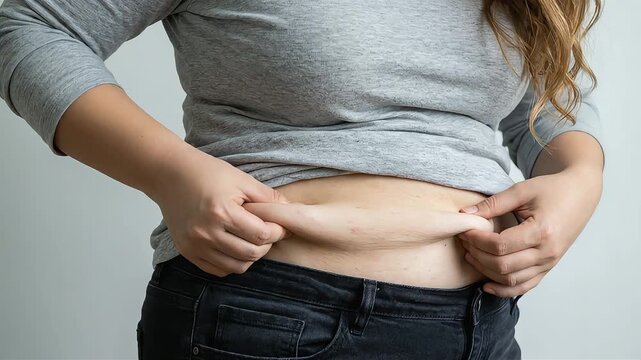 A woman pinching the sagging subcutaneous fat on her stomach, showing her awareness of dieting.