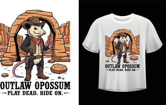 Outlaw Opossum Western Mascot T Shirt Design Play Dead Ride On Vector Artwork
