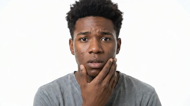 A Black man touches his jawline, which is covered in acne scars and rough skin, with a worried expression.