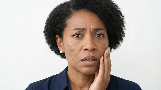 A close-up of a middle-aged African American woman holding her hand to her cheek, suffering from a toothache and facial pain.