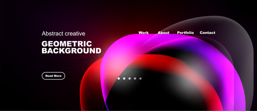 Abstract geometric background features vibrant red, purple hues. White text displays website navigation options, read more button present.