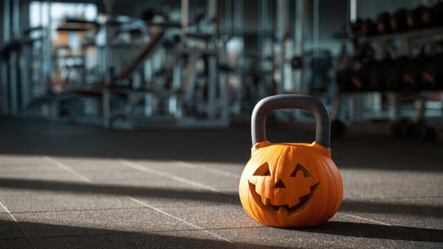 Halloween kettlebell with jackolantern face in a blurred gym setting