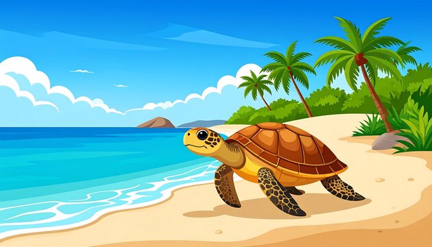 Brown Sea Turtle Walking on Sandy Tropical Beach by Blue Ocean Shore