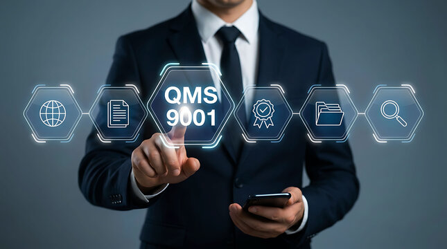Businessman touching QMS 9001 quality management system interface