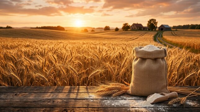 Wheat field glowing under sunset with harvest sack and rural scenery.