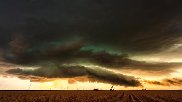 Storm clouds over a rural field and oil pump jack at sunset