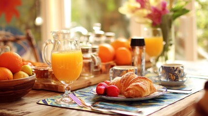 Fototapeta premium Bright and Inviting Breakfast Table Setting with Fresh Juice, Pastries, and Fruits Surrounded by Flowers in a Cozy Dining Space