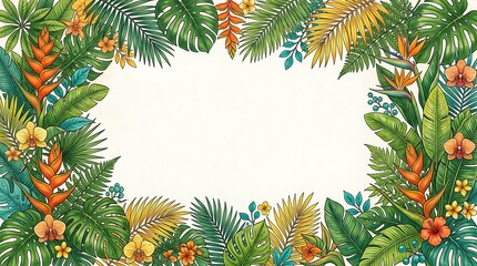Naklejka premium Decorative tropical leaves border with vibrant flowers for design
