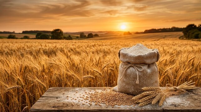 Golden wheat field at sunrise with sack of grain in foreground.