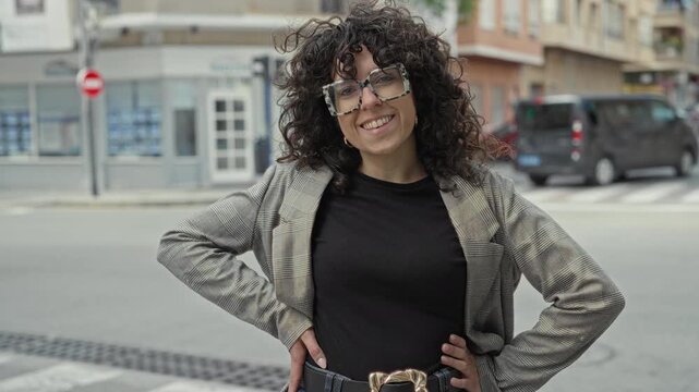 Woman with large patterned glasses smiling with curly hair, hands on hips, plaid blazer and visible belt buckle on street; confidence empowerment playfulness.